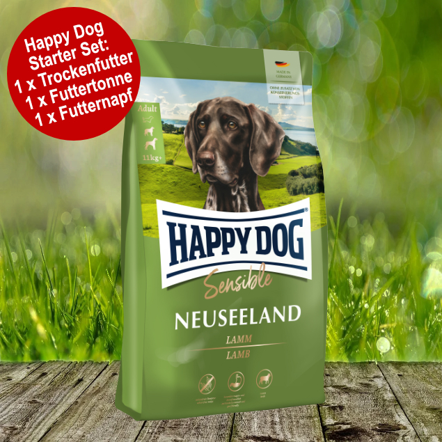 Happy Dog Supreme Sensible Neuseeland Starter-Set inkl. Futtertonne und Futternapf Happy Dog Supreme Sensible Neuseeland Starter-Set inkl. Futtertonne und Futternapf