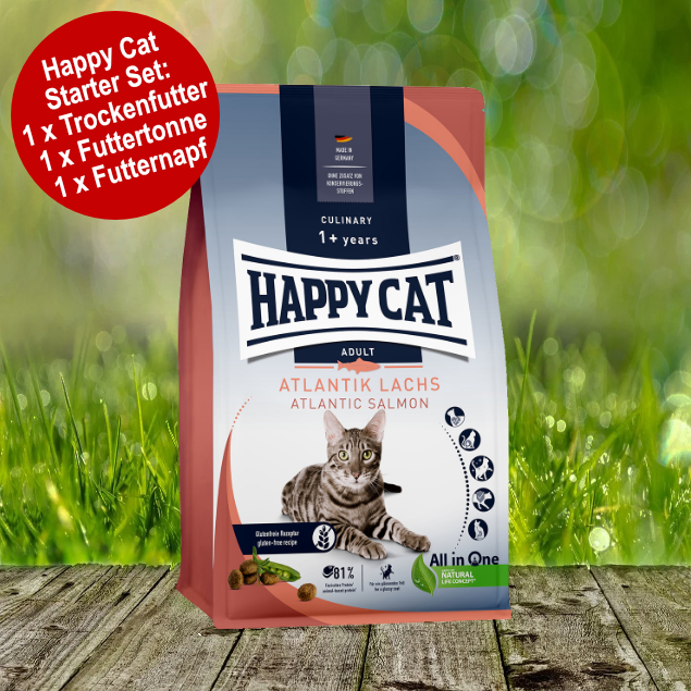 Happy Cat Culinary Adult Atlantik Lachs Starter-Set inkl. Futtertonne und Futternapf Happy Cat Culinary Adult Atlantik Lachs Starter-Set inkl. Futtertonne und Futternapf