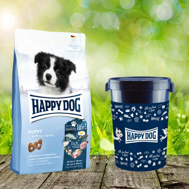 Puppy-2022-Futtertonne-43-Liter Happy Dog fit & vital Puppy Starter-Set inkl. Futtertonne und Futternapf