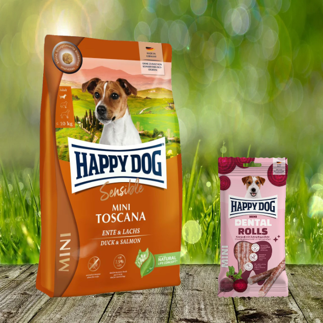 Happy Dog Supreme Mini Toscana 4 kg + Happy Dog Dental Snacks Dental Rolls Mini
