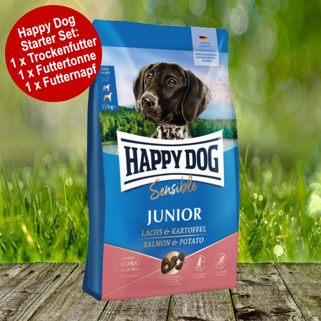 Happy Dog Sensible Junior Huhn, Lachs & Kartoffel Starter Set inkl. Futtertonne und Futternapf Happy Dog Sensible Junior Huhn, Lachs & Kartoffel Starter Set inkl. Futtertonne und Futternapf