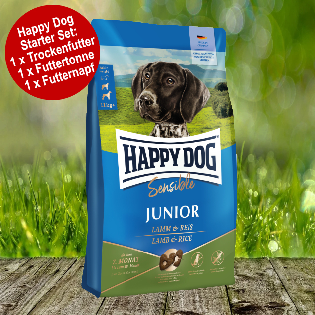 Happy Dog Sensible Junior Lamm & Reis Starter-Set inkl. Futtertonne und Futternapf Happy Dog Sensible Junior Lamm & Reis Starter-Set inkl. Futtertonne und Futternapf
