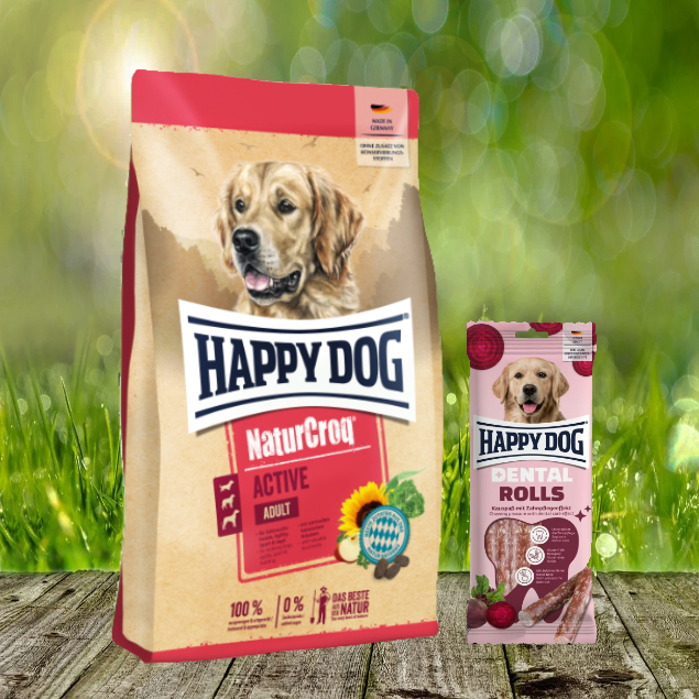 Happy Dog Premium NaturCroq Active 15 kg + Happy Dog Dental Rolls *geschenkt*