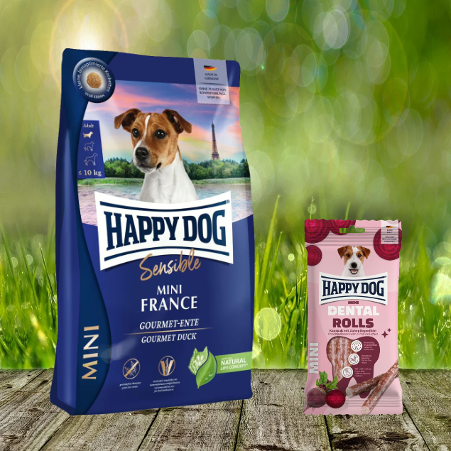 Happy Dog Supreme Mini France 4 kg + Happy Dog Dental Snacks Dental Rolls Mini *geschenkt*