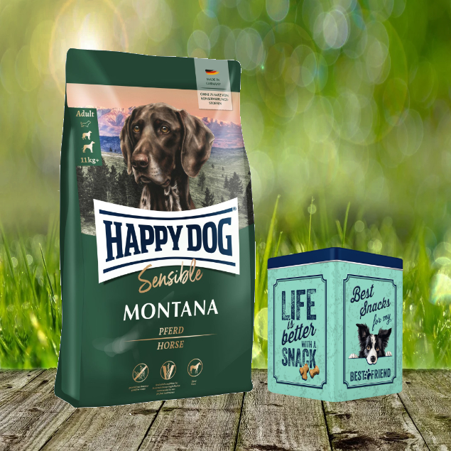 Retro Aktion - Happy Dog Sensible Montana 10 kg + Happy Dog Retro Dose (ca. 15,5 x 15,5 x 19,5 cm)