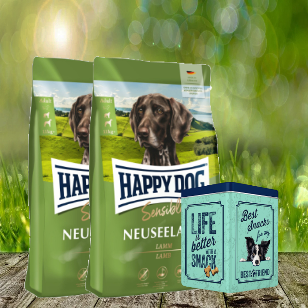 Oktober Aktion - Happy Dog Supreme Sensible Neuseeland 2 x 12,5 kg + Happy Dog Retro Dose (ca. 15,5 x 15,5 x 19,5 cm)