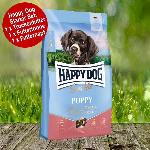 Happy Dog Sensible Puppy Huhn, Lachs & Kartoffel Starter-Set inkl. Futtertonne und Futternapf Happy Dog Sensible Puppy Huhn, Lachs & Kartoffel Starter-Set inkl. Futtertonne und Futternapf