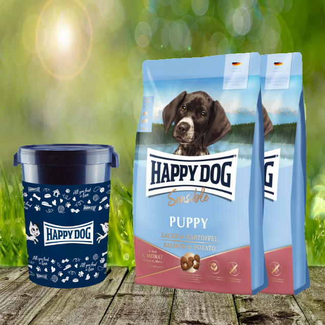 2-x-Puppy-Sensibel-Lachs-und-Kartoffel-2022-FuttertonnelEFvwC0R6xHSr Happy Dog Sensible Puppy Huhn, Lachs & Kartoffel 2 x 10 kg + Happy Dog Futtertonne 43 Liter *geschen