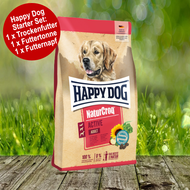 Happy Dog Premium NaturCroq Active  Starter-Set inkl. Futtertonne und Futternapf