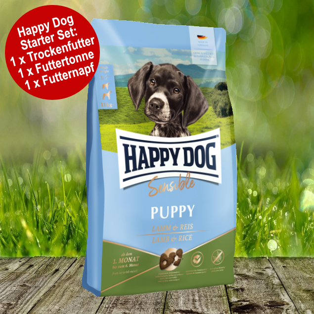 Happy Dog Sensible Puppy Lamm & Reis Starter-Set inkl. Futtertonne und Futternapf Happy Dog Sensible Puppy Lamm & Reis Starter-Set inkl. Futtertonne und Futternapf