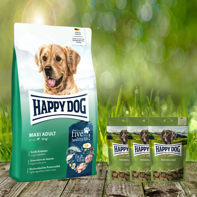 Happy Dog Fit & Vital Maxi Adult 14 kg + 3 x 100 g Happy Dog Soft Snack Neuseeland Happy Dog Fit & Vital Maxi Adult 14 kg + 3 x 100 g Happy Dog Soft Snack Neuseeland