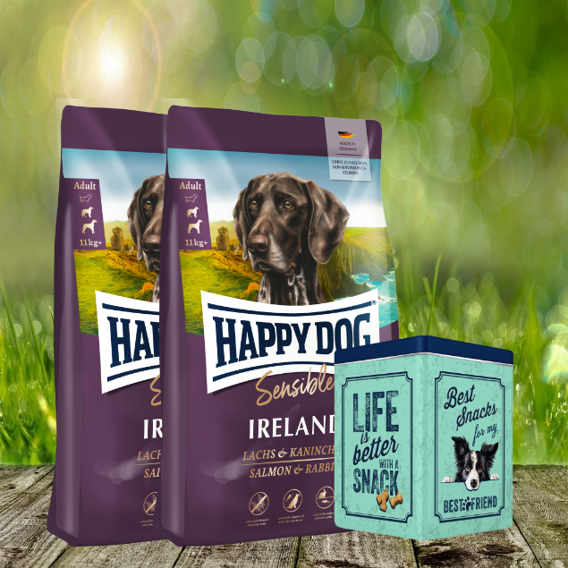 Happy Dog Supreme Sensible Ireland 2 x 12,5 kg + Happy Dog Retro Dose (ca. 15,5 x 15,5 x 19,5 cm)