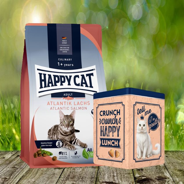 Happy Cat Culinary Adult Atlantik Lachs 10 kg - Exquisites Adult Katzenfutter + Happy Cat Retro Dose (ca. 15,5 x 15,5 x 19,5 cm)