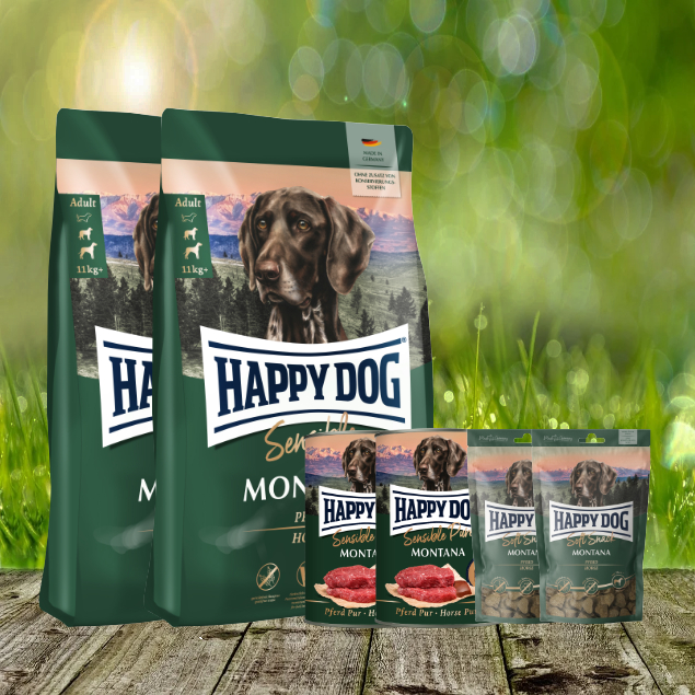 2 x 10 kg Happy Dog Aktionspaket Sensible Montana + Dosen pur und Leckerli 2 x 10 kg Happy Dog Aktionspaket Sensible Montana + Dosen pur und Leckerli