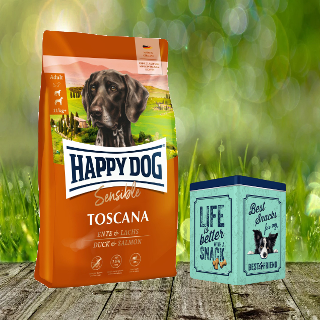 Retro Aktion - Happy Dog Sensible Toscana 12,5 kg + Happy Dog Retro Dose (ca. 15,5 x 15,5 x 19,5 cm)
