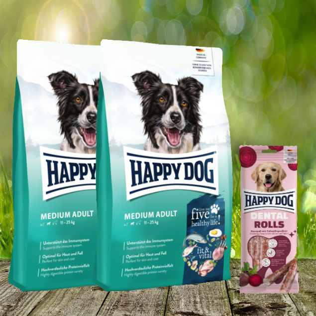 Happy Dog Fit & Vital Medium Adult 2 x 12 kg + Happy Dog Dental Rolls *geschenkt*