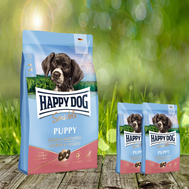 Happy Dog Sensible Puppy Huhn, Lachs & Kartoffel - Hochwertige Vollnahrung für sensible Welpen - 10 kg + 2 x 1 kg