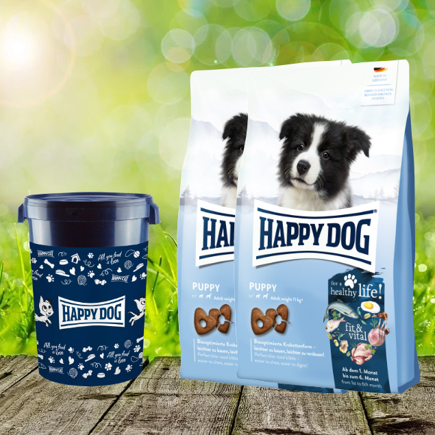 2-x-Puppy-2022-Futtertonne-43-Liter Happy Dog fit & vital Puppy 2 x 10kg + Happy Dog Futtertonne 43 Liter *geschenkt*
