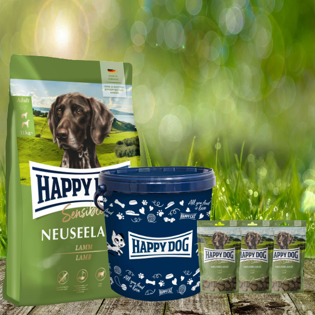 Neuseeland-plus-Snack-plus-TonneM53QwLOxqkxAd Happy Dog Supreme Neuseeland 4 kg + 3 x 100 g. Happy Dog Soft Snack Neuseeland + Futtertonne 20 Lite