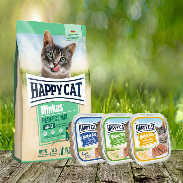 Happy Cat Minkas Perfect Mix Geflügel, Fisch & Lamm + 3 x 100 gr Happy Cat Duo Menü geschenkt Happy Cat Minkas Perfect Mix Geflügel, Fisch & Lamm + 3 x 100 gr Happy Cat Duo Menü geschenkt