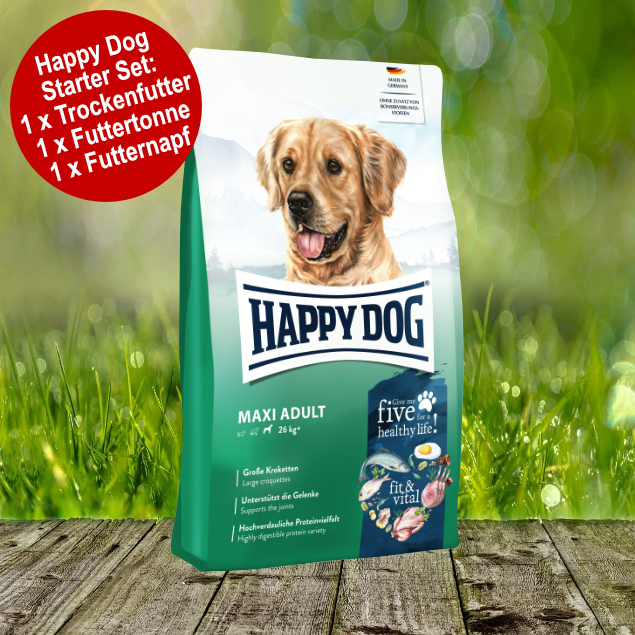 Happy Dog Fit & Vital Maxi Adult Starter-Set inkl. Futtertonne und Futternapf Happy Dog Fit & Vital Maxi Adult Starter-Set inkl. Futtertonne und Futternapf