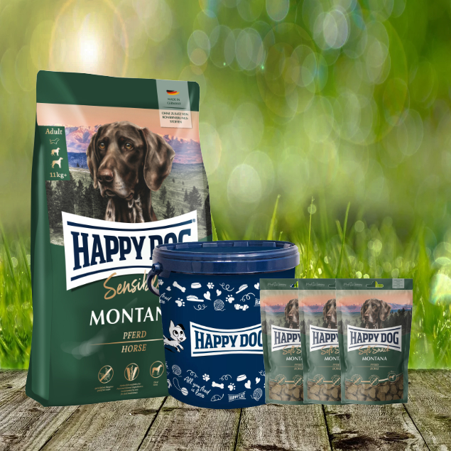 Happy Dog Supreme Montana 4 kg + 3 x 100 g. Happy Dog Soft Snack Montana + Futtertonne 20 Liter Happy Dog Supreme Montana 4 kg + 3 x 100 g. Happy Dog Soft Snack Montana + Futtertonne 20 Liter