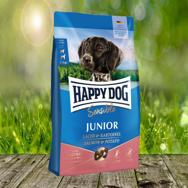 Junior-Sensibel-Lachs-und-Kartoffel-2022b1sjd0eJmjdwE Happy Dog Sensible Junior Huhn, Lachs & Kartoffel - Glutenfreie Vollnahrung für sensible Junghunde ab dem 7. Monat