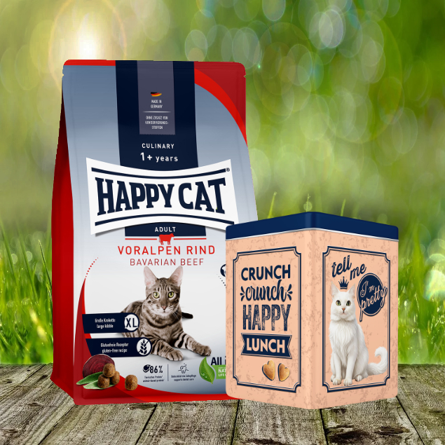 Happy Cat Culinary Adult Voralpen Rind 10 kg + Happy Cat Retro Dose (ca. 15,5 x 15,5 x19,5 cm)