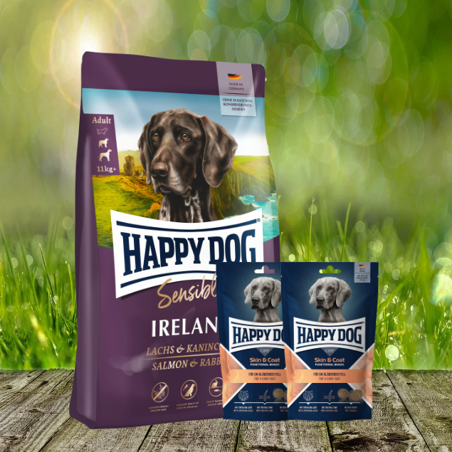 Ireland-2-Skin-Coat-Snacks Happy Dog Sensible Ireland 12,5 kg + Happy Dog Care Snack Skin & Coat 2 x 100 g *geschenkt*