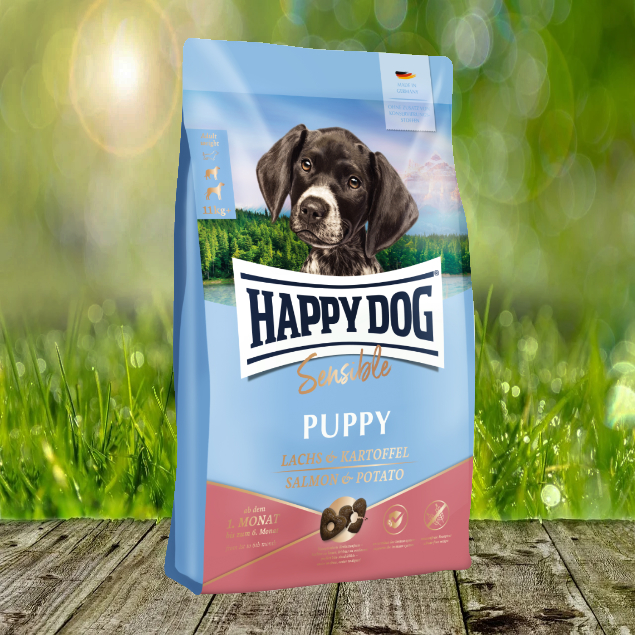 Puppy-Sensibel-Lachs-und-Kartoffel-2022UFivobLXEB4t0 Happy Dog Sensible Puppy Huhn, Lachs & Kartoffel - Hochwertige Vollnahrung für sensible Welpen