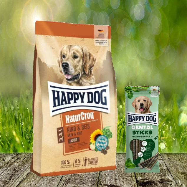 Happy Dog Premium NaturCroq Rind und Reis 15 kg + Happy Dog Dental Sticks *geschenkt*