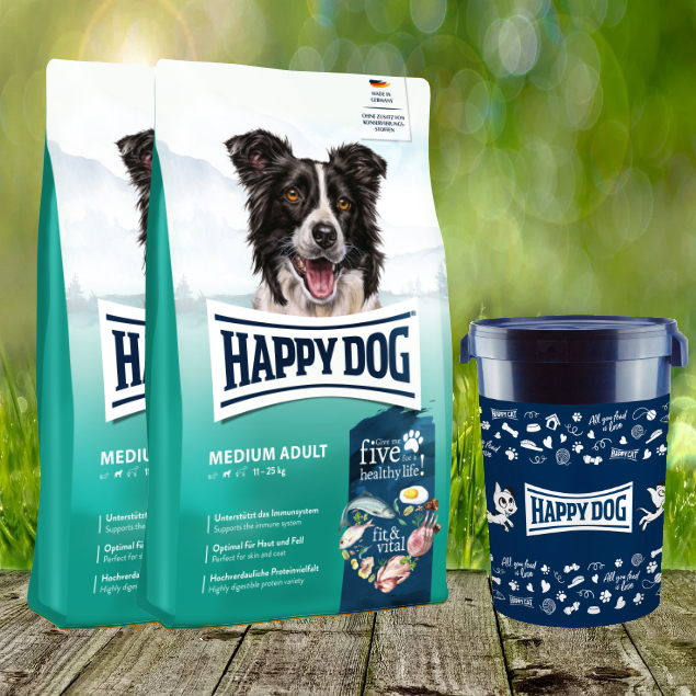 Happy Dog Fit & Vital Medium Adult 2 x 12 kg ink. Happy Dog Futtertonne 43 Liter Happy Dog Fit & Vital Medium Adult 2 x 12 kg ink. Happy Dog Futtertonne 43 Liter