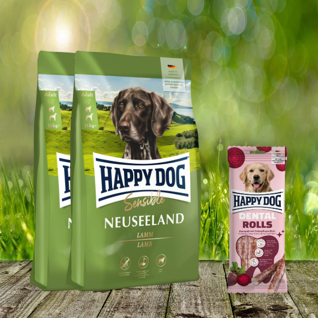 Happy Dog Supreme Sensible Neuseeland 2 x 12,5 kg + Happy Dog Dental Rolls *geschenkt*