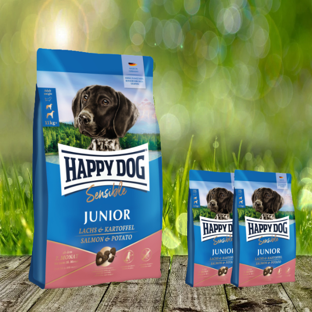 Happy Dog Sensible Junior Huhn, Lachs & Kartoffel - 10 kg + 2 x 1 kg - Glutenfreie Vollnahrung für sensible Junghunde ab dem 7. Monat