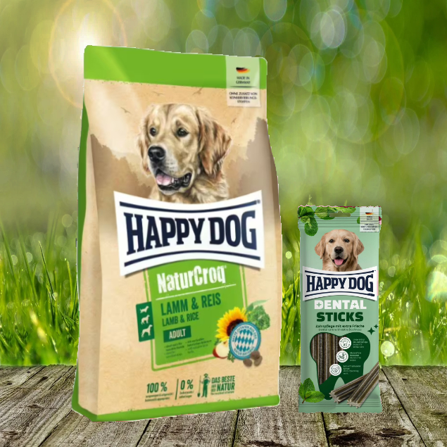 Happy Dog Premium NaturCroq Lamm + Reis 15 kg + Happy Dog Dental Snacks Dental Sticks *geschenkt*