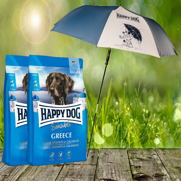 Happy Dog Supreme Sensible Greece 2 x 11 kg + HD / HC XXL Sonnen- und Regenschirm