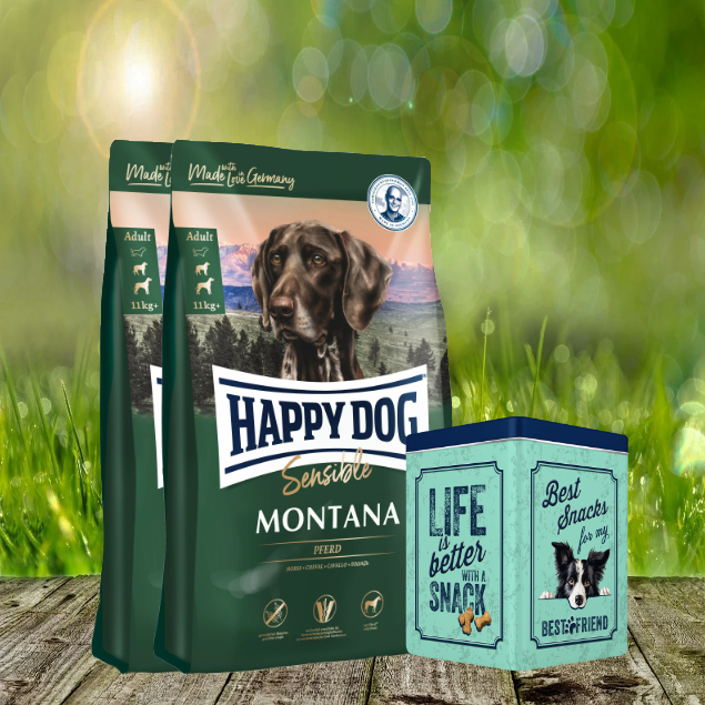Oktober Aktion - Happy Dog Supreme Montana 2 x 10 kg + Happy Dog Retro Dose (ca. 15,5 x 15,5 x 19,5 cm)