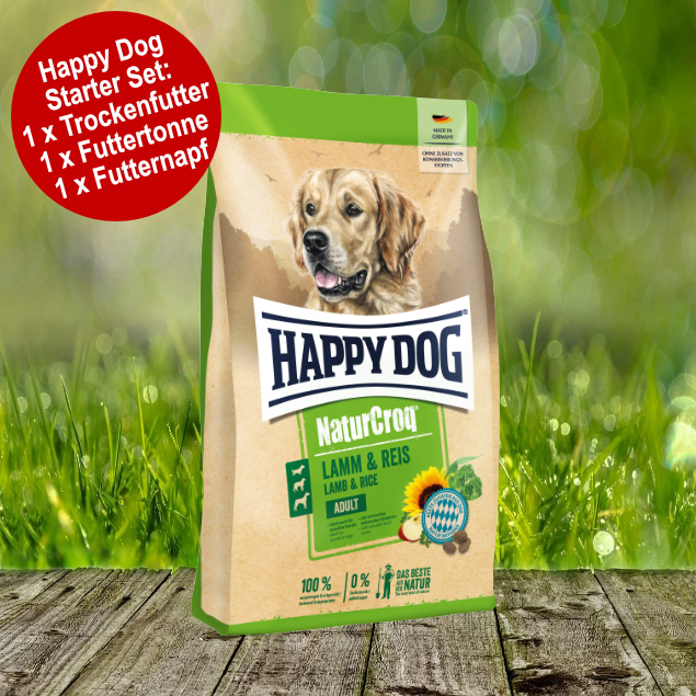 Happy Dog Premium NaturCroq Lamm und Reis Starter-Set inkl. Futtertonne und Futternapf Happy Dog Premium NaturCroq Lamm und Reis Starter-Set inkl. Futtertonne und Futternapf