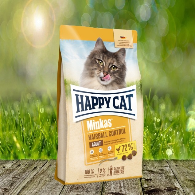2021_Minkas_Hairball_Hintergrund Happy Cat Minkas Hairball Control Geflügel - Unterstützt die Reduzierung von Haarballen