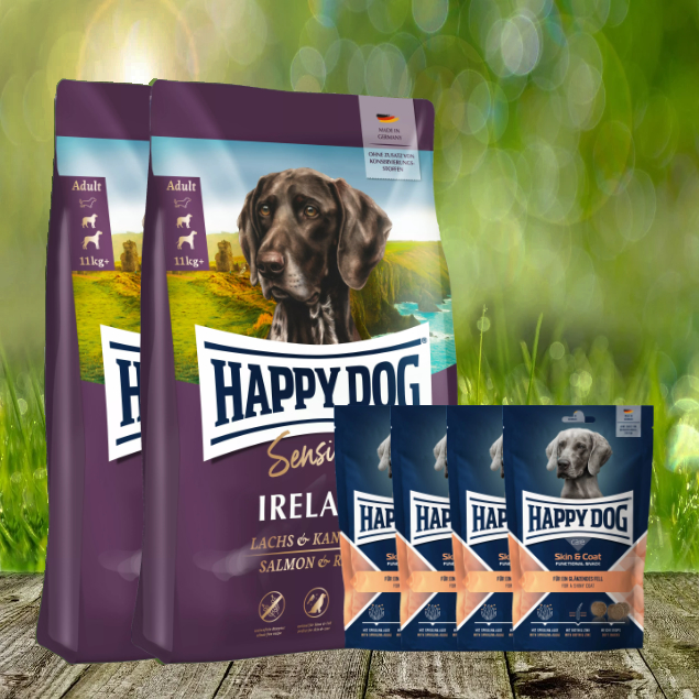 Ireland-x-2-4-Skin-Coat-Snacks Happy Dog Sensible Ireland 2 x 12,5 kg + Happy Dog Care Snack Skin & Coat 4 x 100 g *geschenkt*