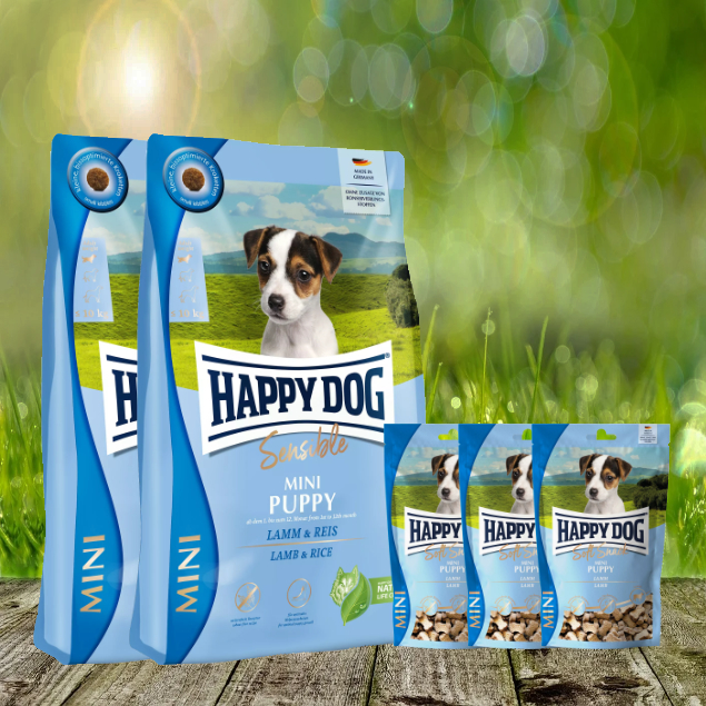 2-x-Happy-Dog-Mini-Sensible-Puppy-plus-Soft-SnackjZKsT13dac5FG Happy Dog Sensible Mini Puppy 2 x 4 kg + Happy Dog Sensible Mini Soft Snack Puppy 3 x 100 g