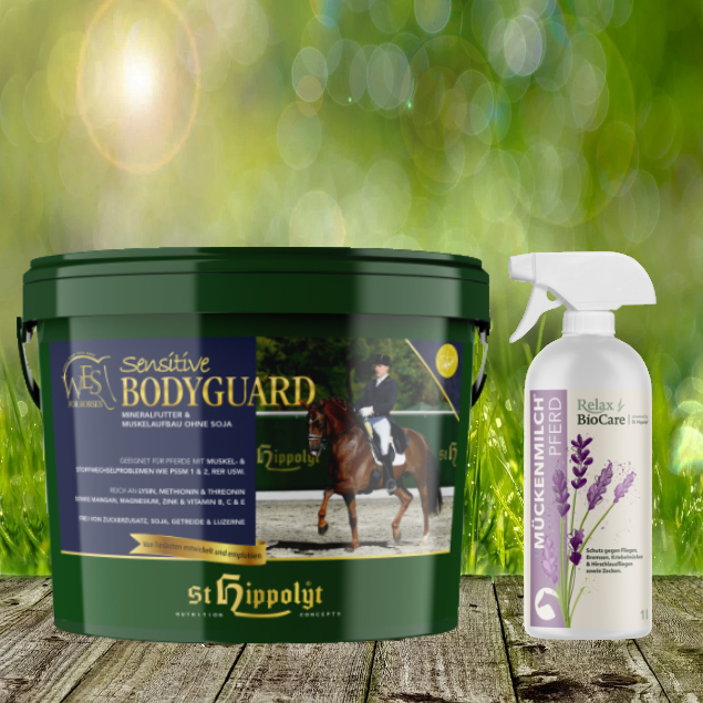 St. Hippolyt WES for Horses - Sensitive Bodyguard 10 kg + Relax Biocare Mückenmilch 500 ml St. Hippolyt WES for Horses - Sensitive Bodyguard 10 kg + Relax Biocare Mückenmilch 500 ml