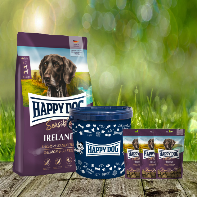 Happy Dog Supreme Ireland 4 kg + 3 x 100 g. Happy Dog Soft Snack Ireland + Futtertonne 20 Liter Happy Dog Supreme Ireland 4 kg + 3 x 100 g. Happy Dog Soft Snack Ireland + Futtertonne 20 Liter