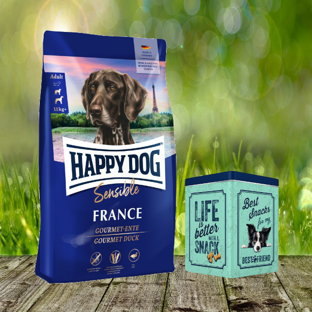 Retro Aktion - Happy Dog Sensible France 11 kg + Happy Dog Retro Dose (ca. 15,5 x 15,5 x 19,5 cm)