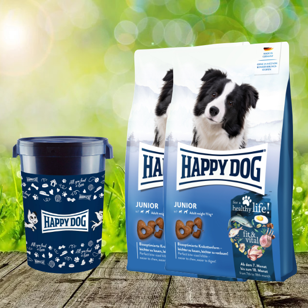 2-x-Junior-2022-Futtertonne-43-Liter Happy Dog fit & vital Junior 2 x 10 kg + Happy Dog Futtertonne 43 Liter *geschenkt*