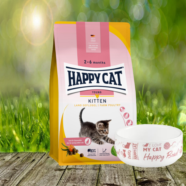 Happy Cat Young Kitten Land-Geflügel - Leicht verdauliches Kittenfutter ab der 5. Woche + Futternapf Happy Cat Young Kitten Land-Geflügel - Leicht verdauliches Kittenfutter ab der 5. Woche + Futternapf