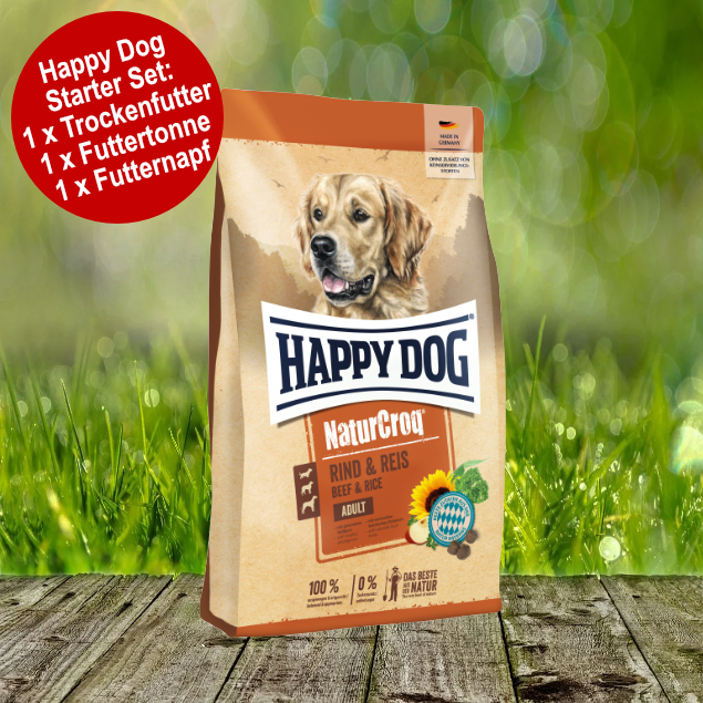 Happy Dog Premium NaturCroq Rind und Reis Starter-Set inkl. Futtertonne und Futternapf
