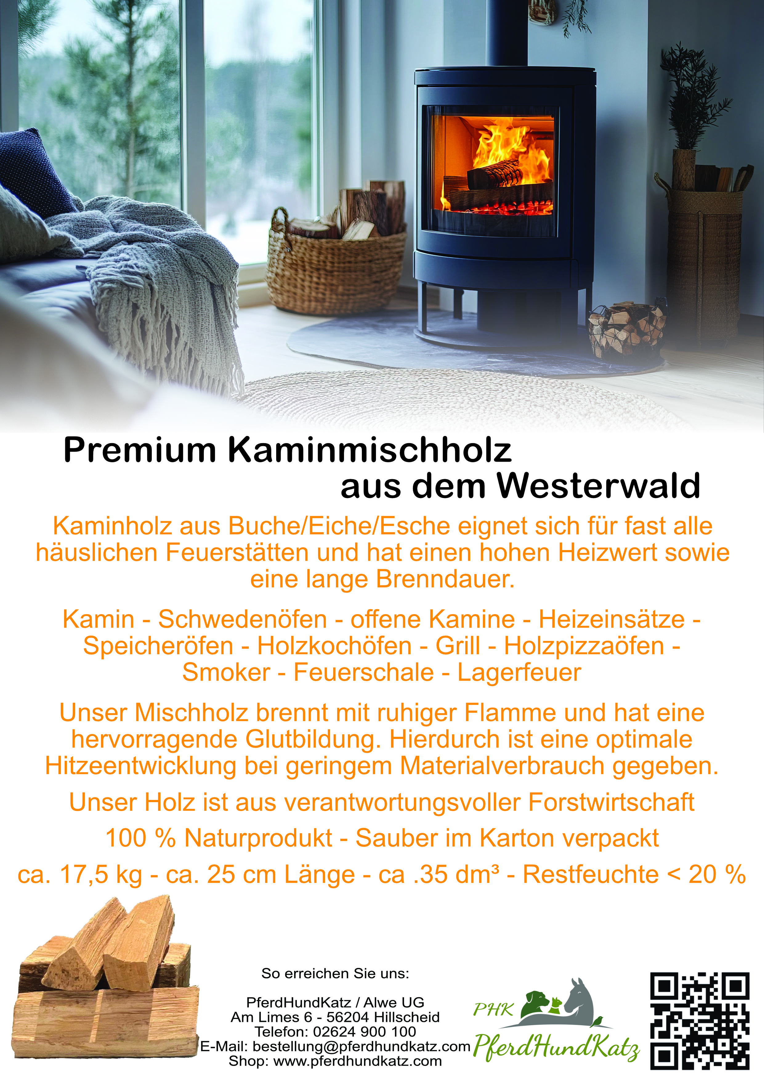 Premium Kaminmischholz (Buche, Eiche, Esche) aus dem Westerwald - ca. 17,5 kg