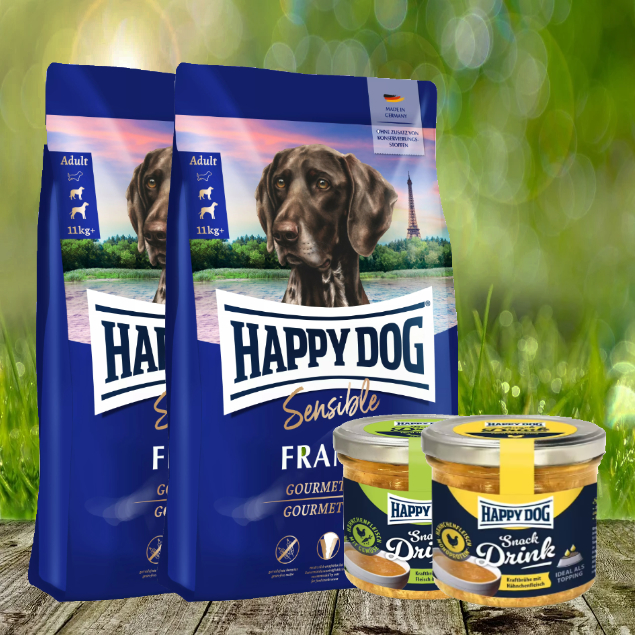 Happy Dog Sensible France 2 x 11 kg + 2 Happy Dog Snack Drink *geschenkt*