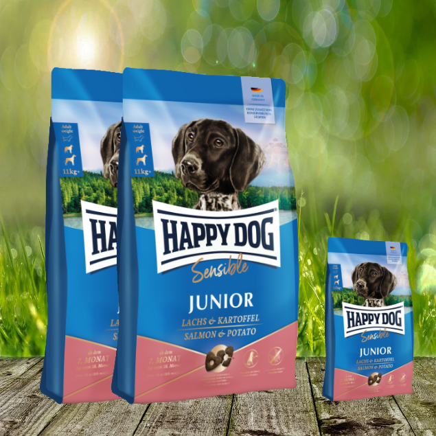 Happy Dog Sensible Junior Huhn, Lachs & Kartoffel - 2 x 10 kg + 4 - Glutenfreie Vollnahrung für sensible Junghunde ab dem 7. Monat